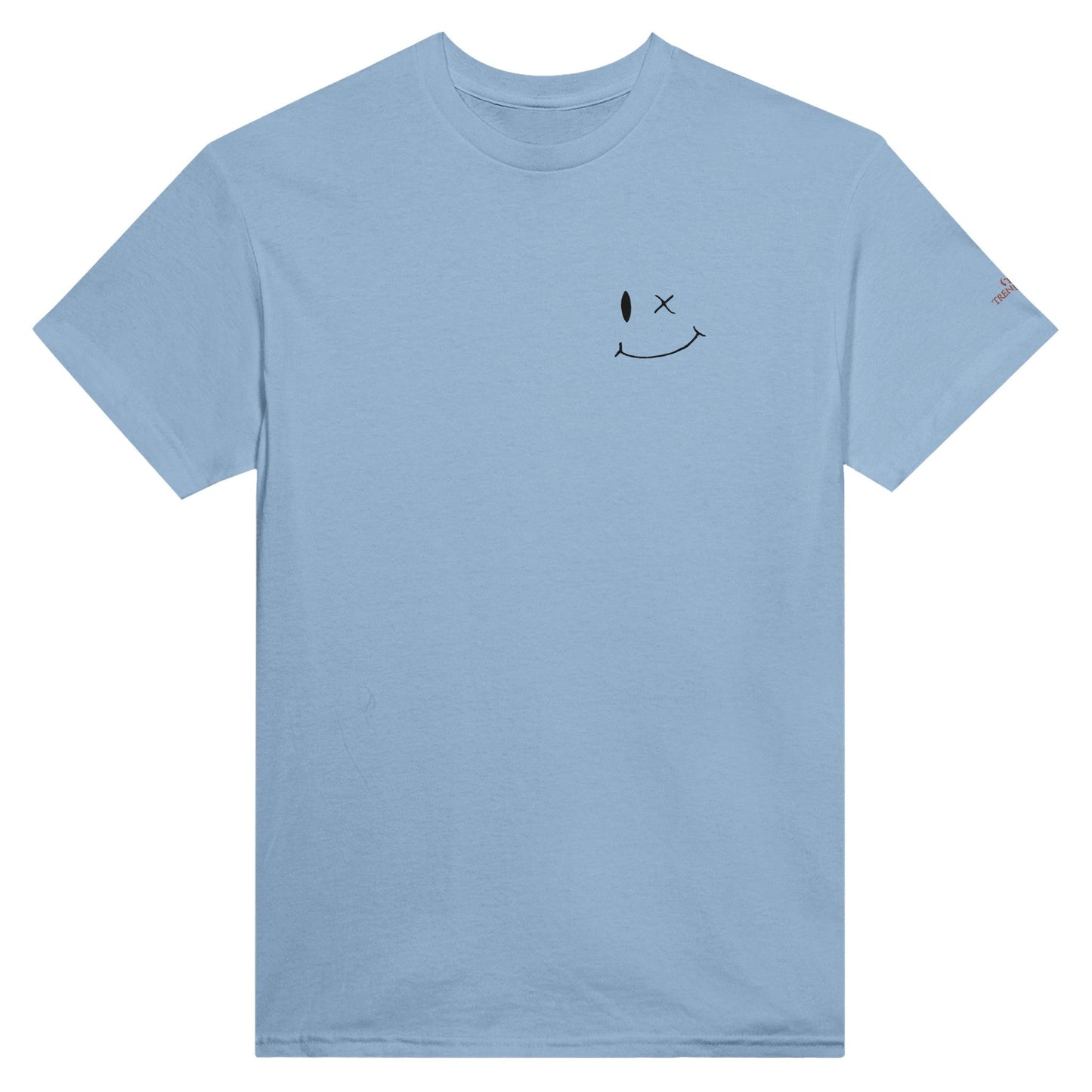 stickerei smile unisex t-shirt aus schwerer baumwolle in hellblau mit lachendem smiley-design auf der brust, klassischer passform und doppelt genähten säumen.