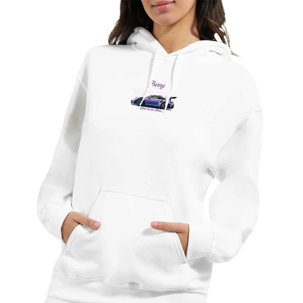 Weißer Berry Porsche Design Hoodie aus schwerem Mischgewebe mit doppelt gefütterter Kapuze und Beuteltasche.