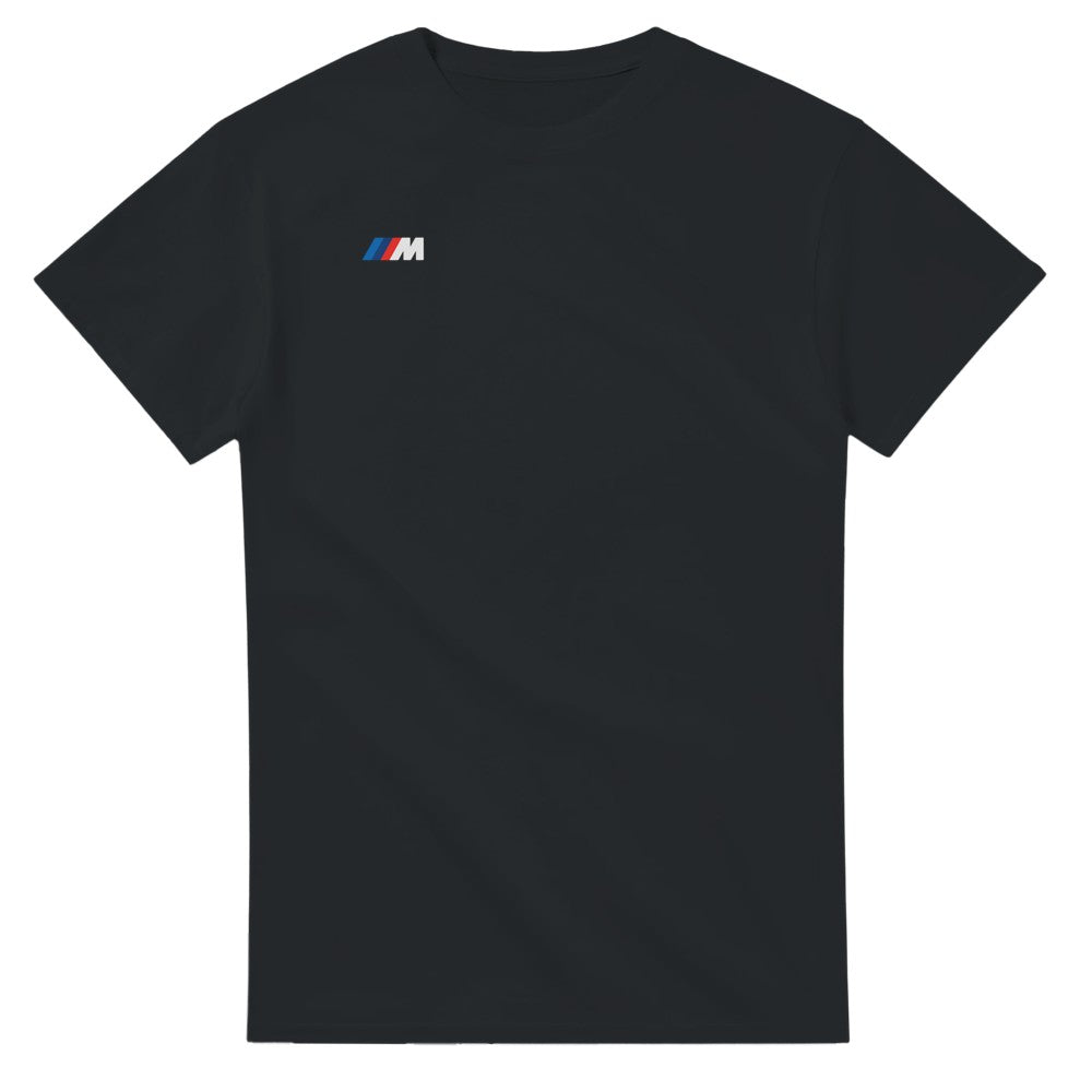 schwarzes bmw e30 m3 herren t-shirt aus schwerer baumwolle mit klassischem motorsport-logo für autoliebhaber