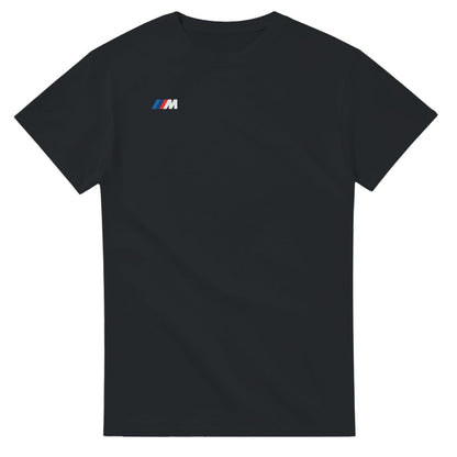 Schwarzes BMW E30 M3 Herren T-Shirt aus schwerer Baumwolle mit klassischem Motorsport-Logo für Autoliebhaber