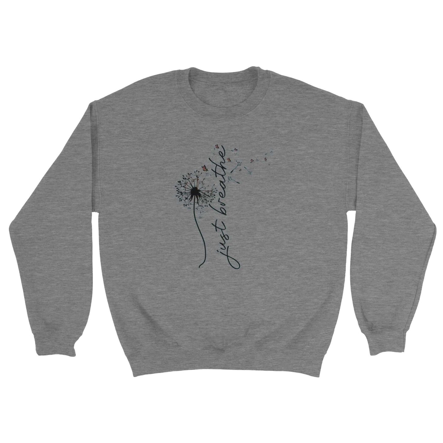 grauer sweatshirt entspannungs pullover mit "just breathe" pusteblumen-design aus weicher baumwoll-polyester-mischung
