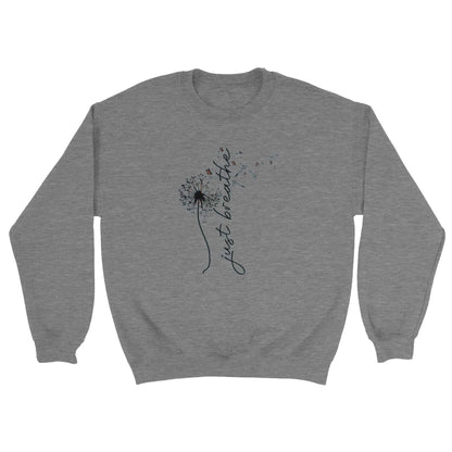 Grauer Sweatshirt Entspannungs Pullover mit "just breathe" Pusteblumen-Design aus weicher Baumwoll-Polyester-Mischung