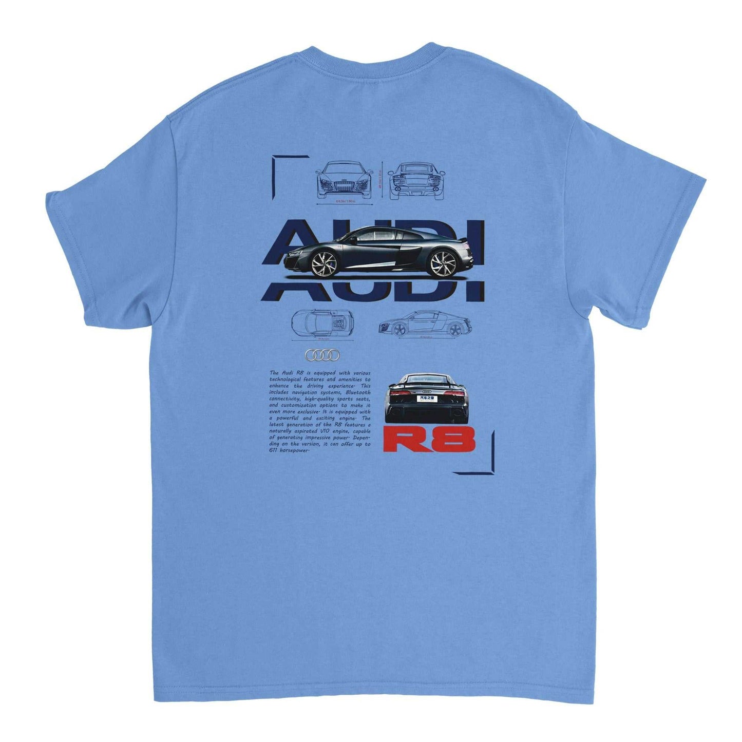 blaues audi liebhaber t-shirt mit audi r8 auto-design für männer und frauen, bequemes baumwollmaterial