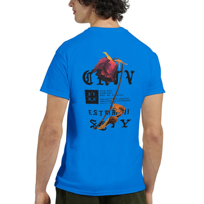 Lira Streetart Unisex T-Shirt in Blau mit geblühtem Rosen-Design und urbanem Schriftzug auf der Rückseite, aus 100 % Baumwolle, klassischer Passform.