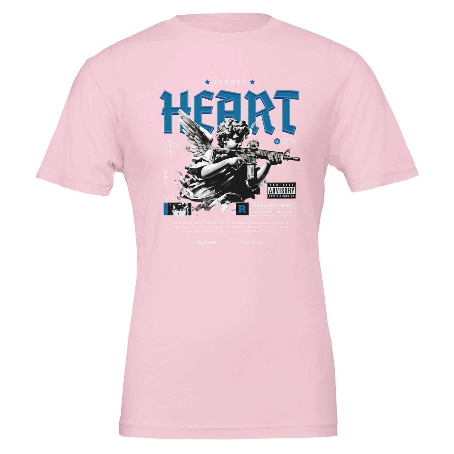 pink heart unisex crewneck t-shirt with vintage angel graphic holding a rifle, designed for soft feel and dtg printing