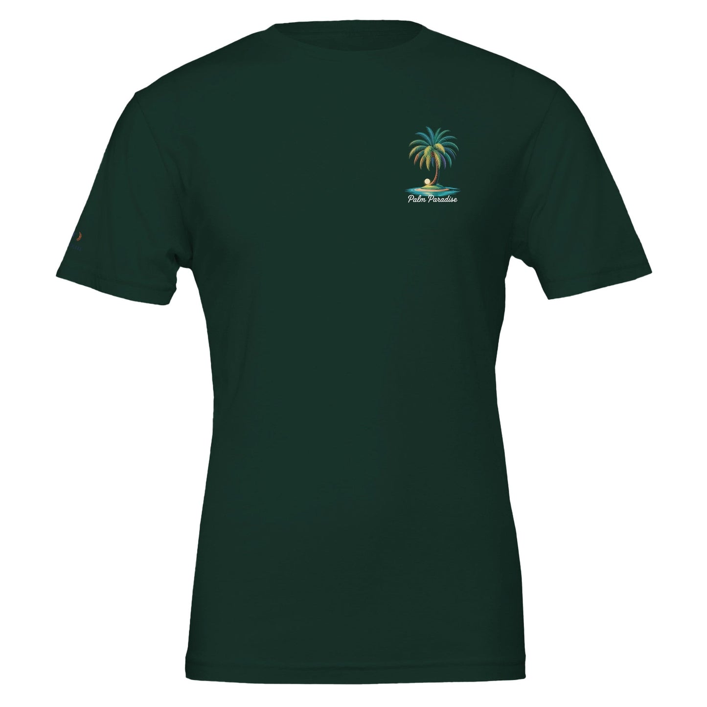 unisex sommer t-shirt mit grünem stranddesign und palmenmotiv, aus weicher, nachhaltiger baumwolle, körperbetont geschnitten