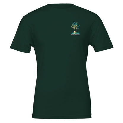 Unisex Sommer T-Shirt mit grünem Stranddesign und Palmenmotiv, aus weicher, nachhaltiger Baumwolle, körperbetont geschnitten