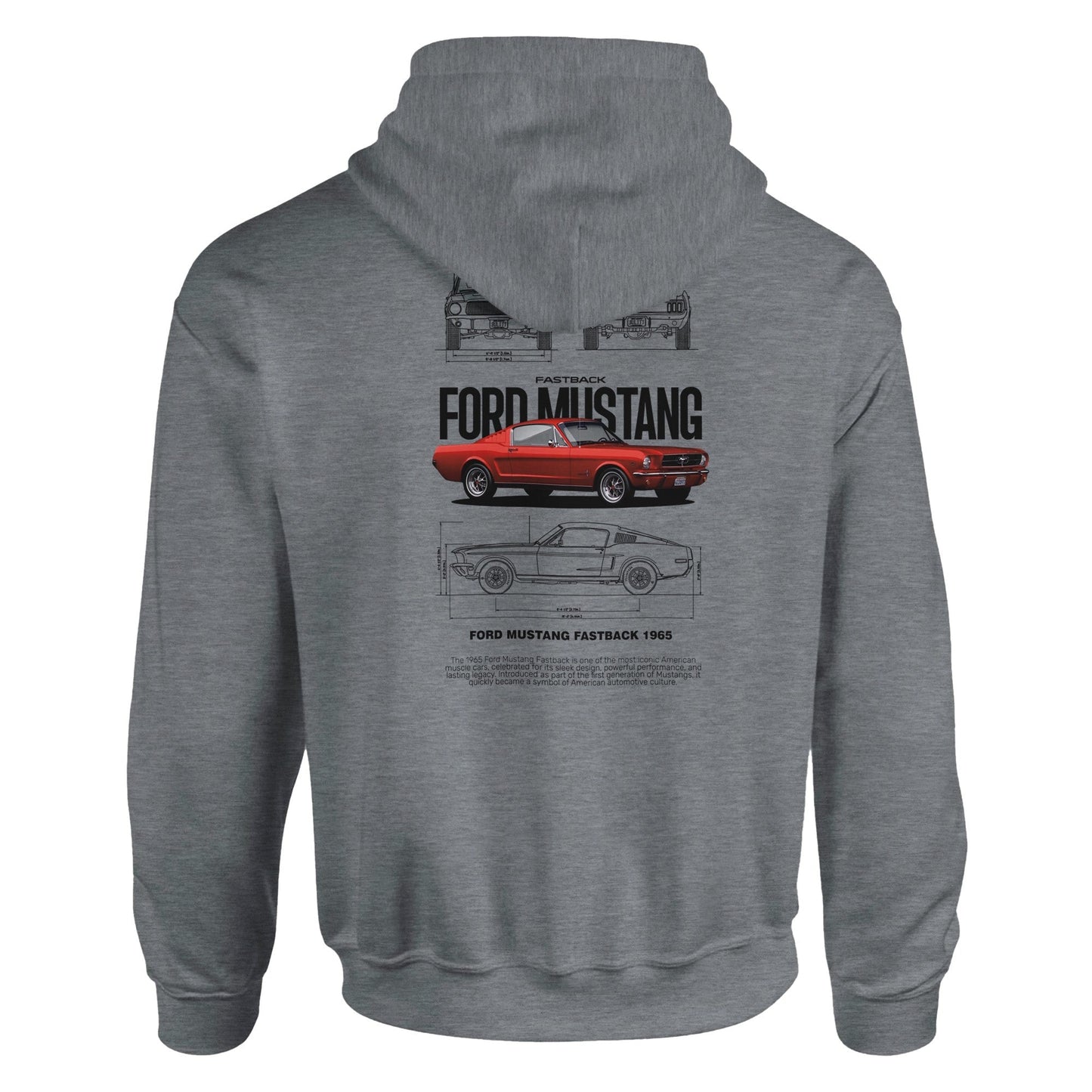 grauer ford mustang fan hoodie mit klassischem auto-motiv und schriftzug auf der rückseite, gemütlicher kapuzenpullover für mustang liebhaber