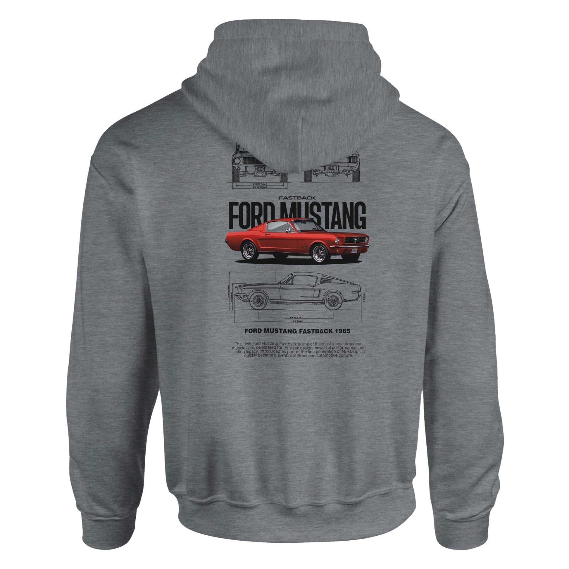 grauer Ford Mustang Fan Hoodie mit klassischem Auto-Motiv und Schriftzug auf der Rückseite, gemütlicher Kapuzenpullover für Mustang Liebhaber