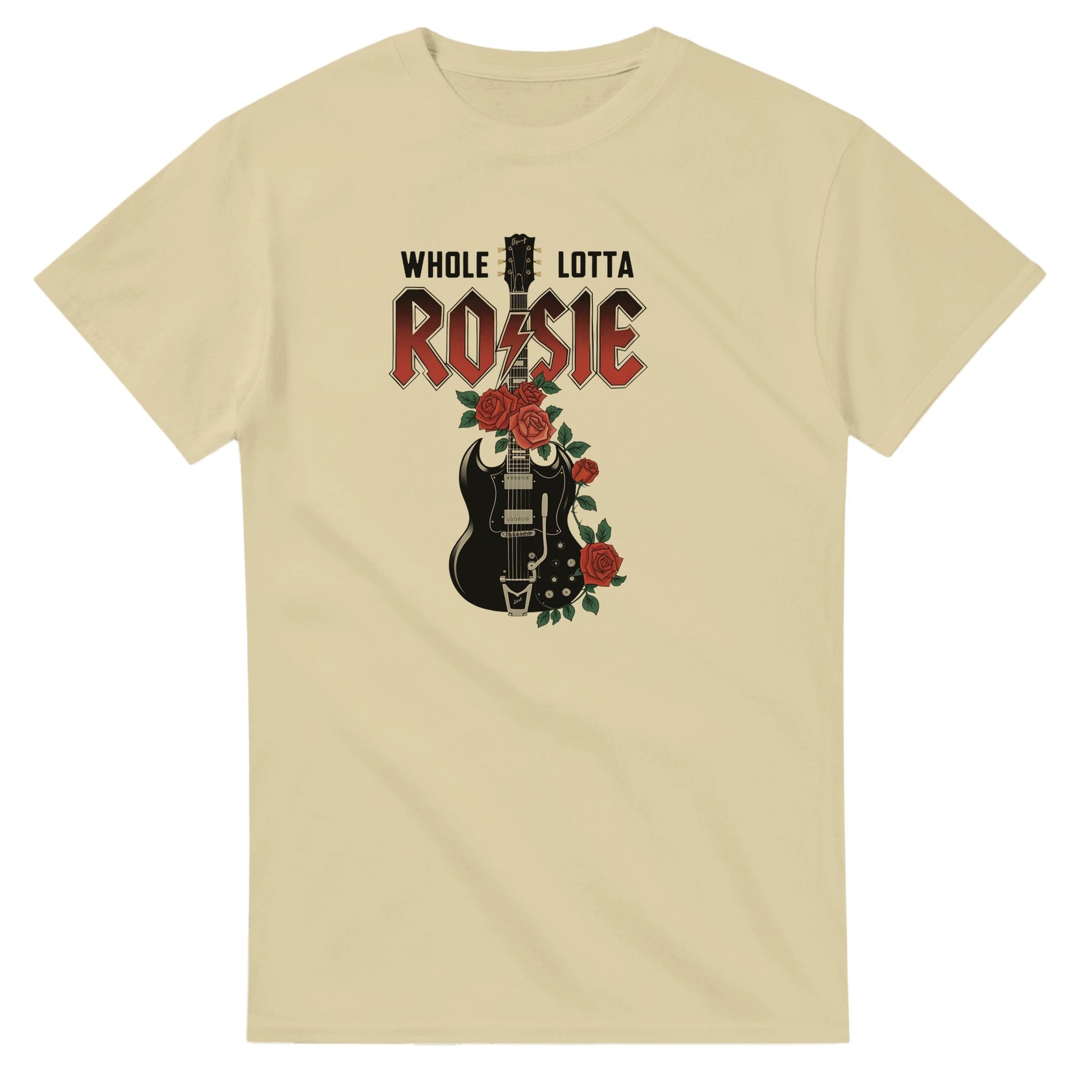 Beige AC DC T-Shirt mit Rosie-Gitarrendesign und roten Rosen, klassische Passform aus schwerer Baumwolle.