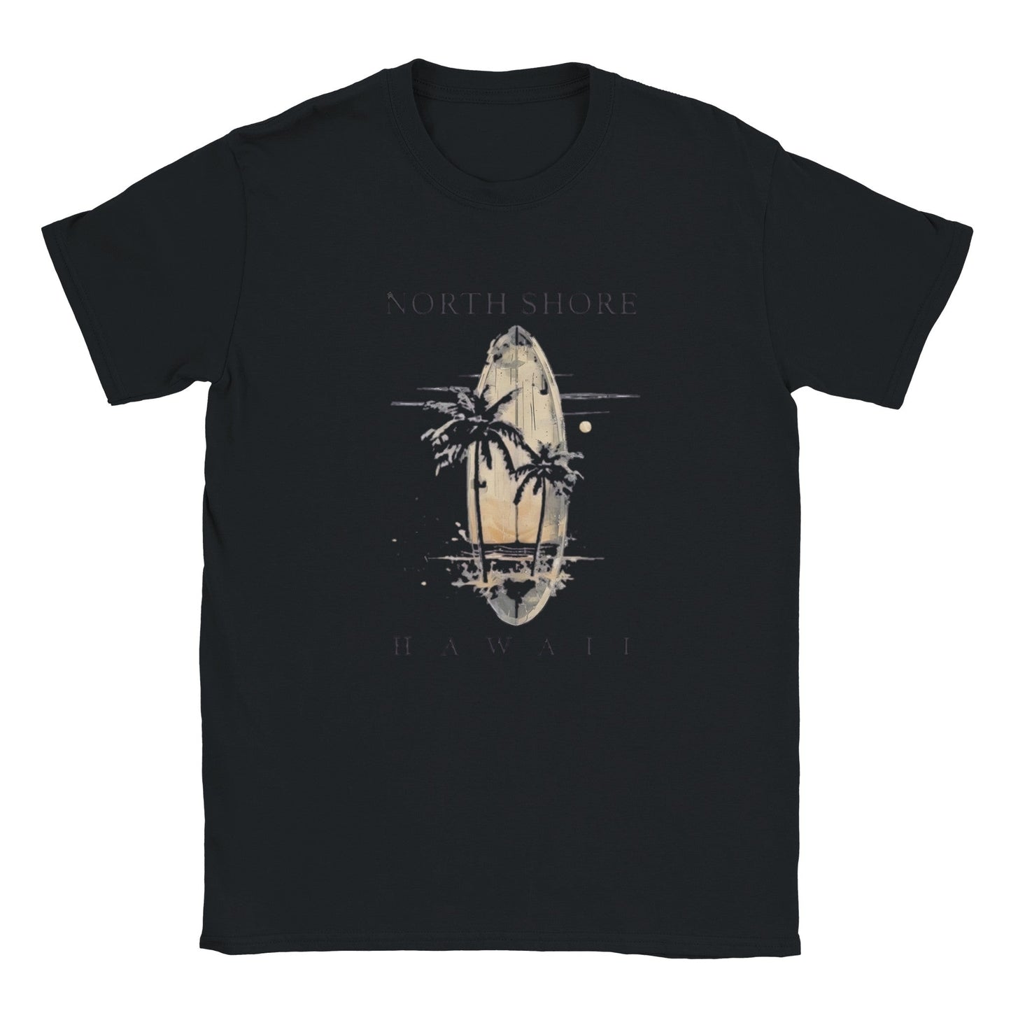 hawaii sommer beach unisex t-shirt aus baumwolle mit surfbrett- und palmen-motiv in schwarz