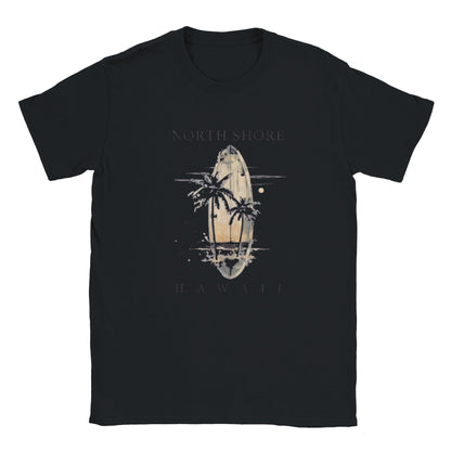 Hawaii Sommer Beach Unisex T-Shirt aus Baumwolle mit Surfbrett- und Palmen-Motiv in Schwarz