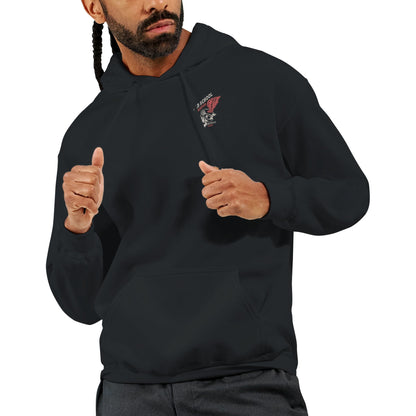 Men's black Rocker Biker Hoodie with double-lined hood, soft cotton-polyester blend, and front pocket.