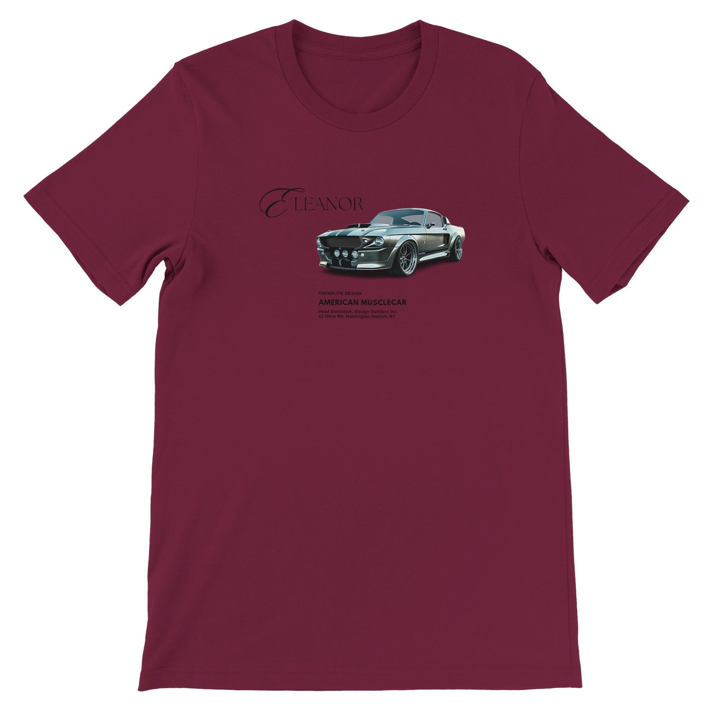 eleanor lieblings t-shirt aus 100% baumwolle mit amerikanischem muscle car druck, unisex passform, weiches sommer shirt in bordeauxrot.
