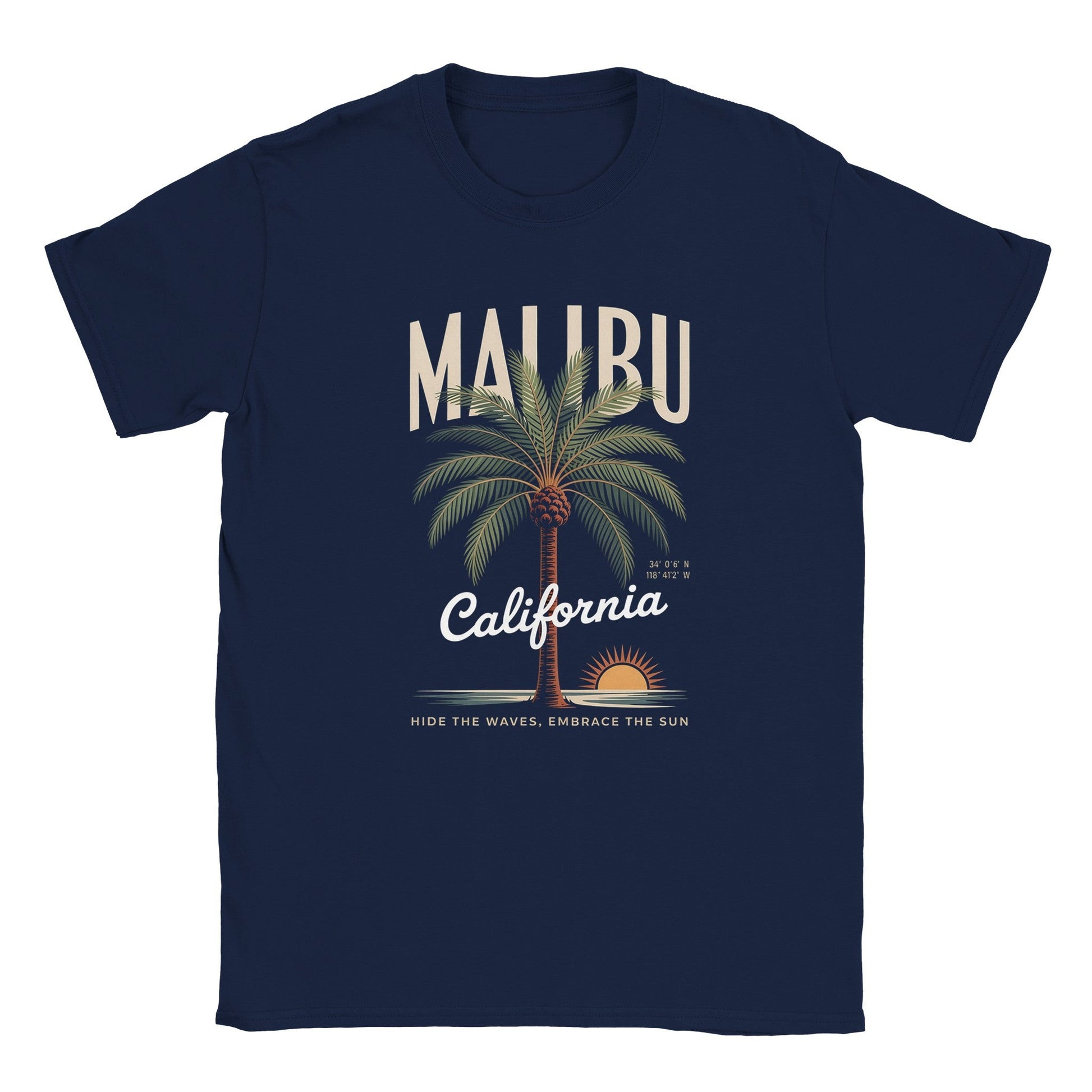 California Sunshine Sommer T-Shirt in navy blue with Malibu palm tree and sunset design, soft seamless fabric.