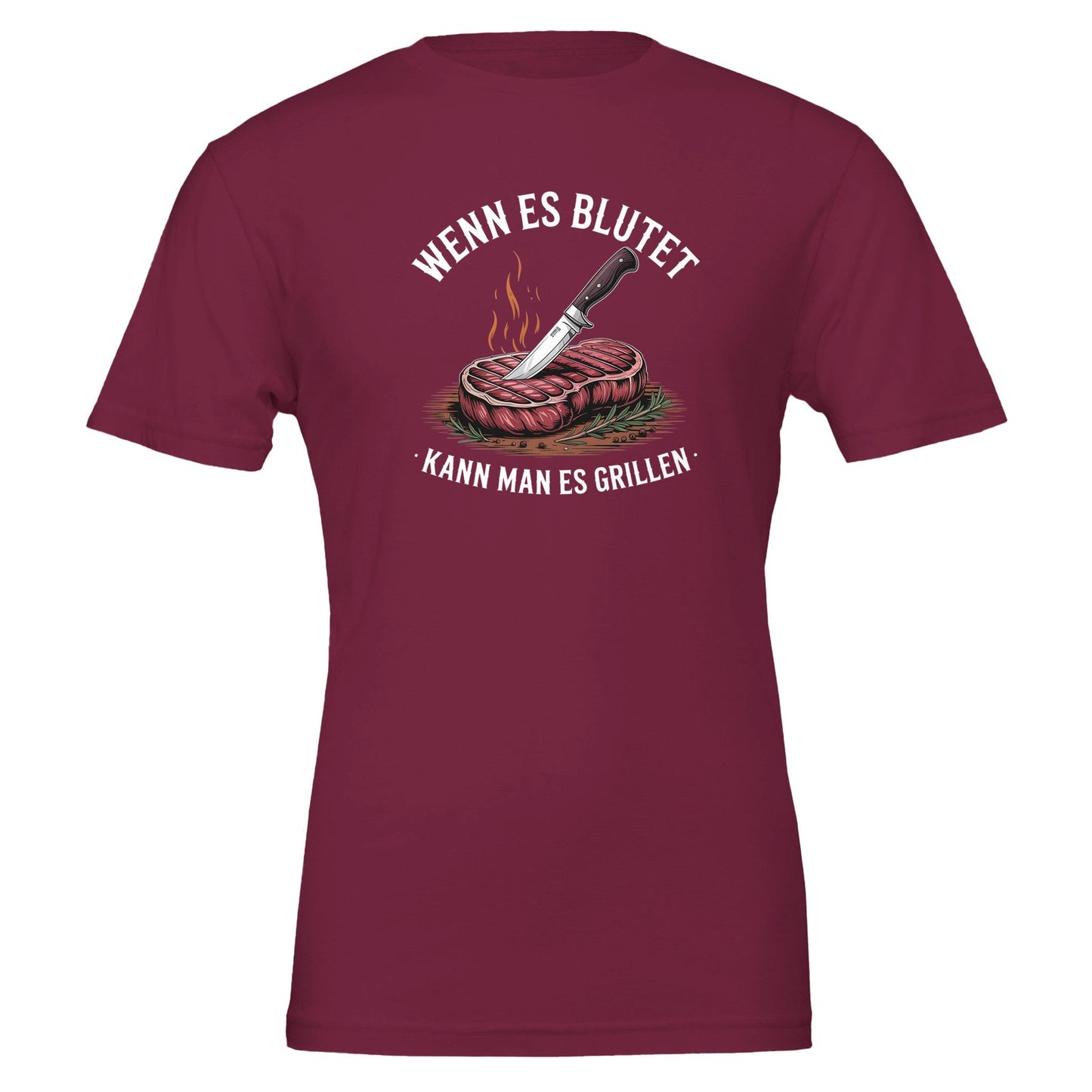 bordeauxrotes grill t-shirt mit aufdruck "wenn es blutet kann man es grillen" und steak-motiv, unisex, weich und robust.