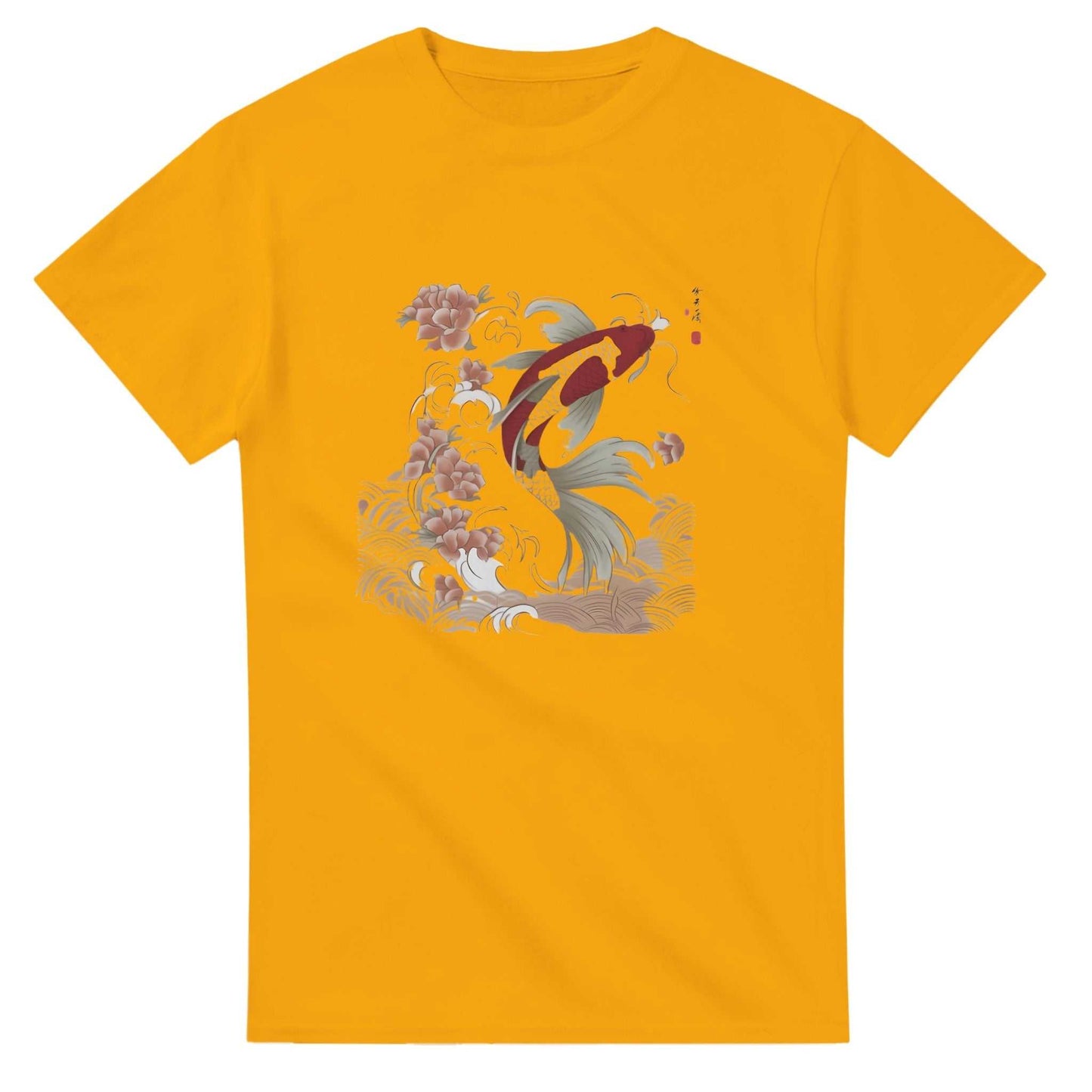 unisex yellow koi asian style crewneck cotton t-shirt with koi fish and floral design