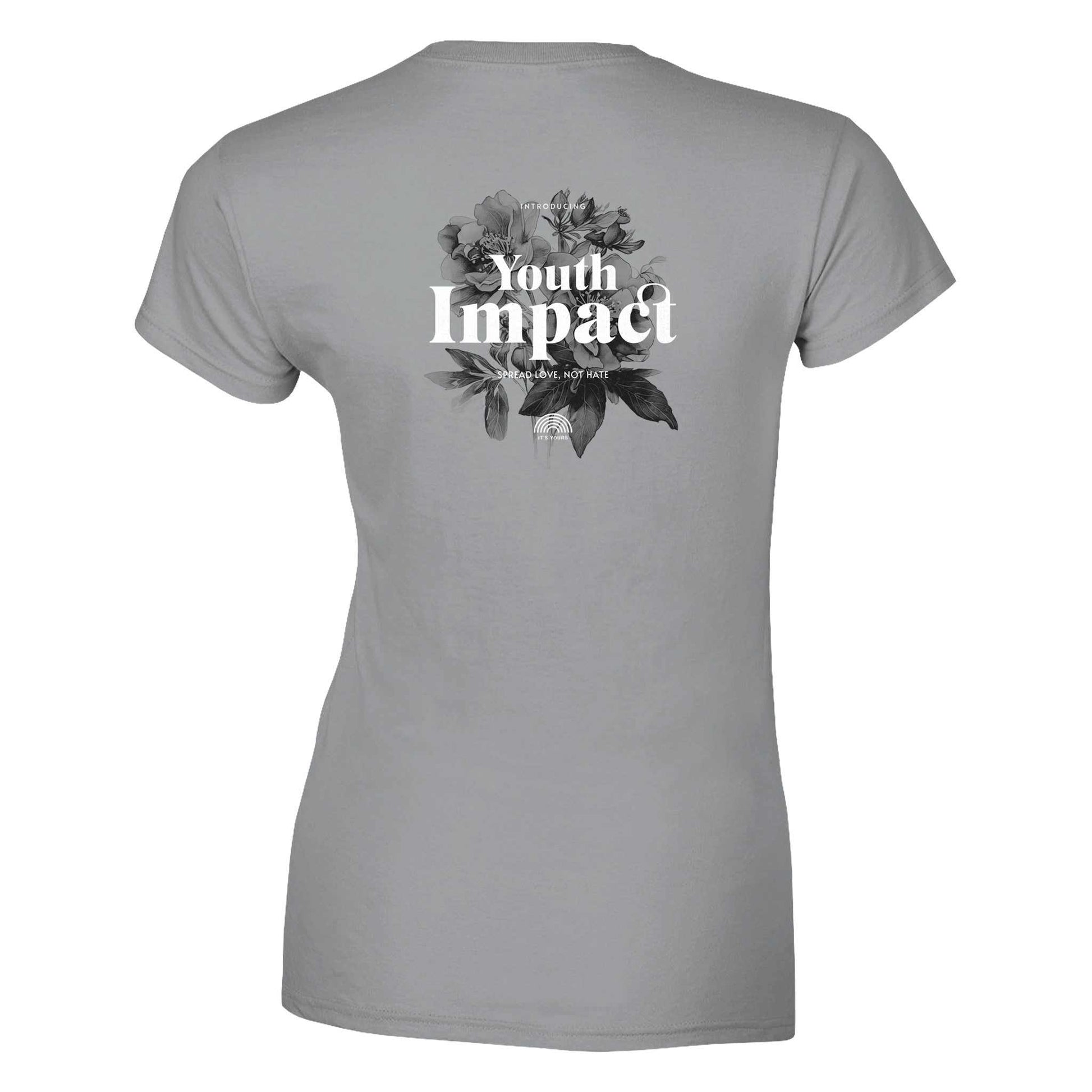 Graues Heavens Crewneck T-shirt Streetwear aus 100% ringgesponnener Baumwolle mit floralem Print und "Youth Impact" Schriftzug auf der Rückseite.