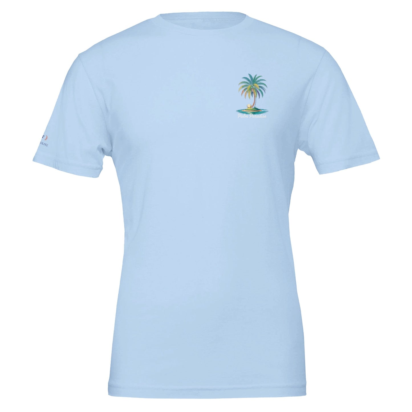 hellblaues sommer t-shirt mit palmen-stranddesign, unisex, weich und umweltfreundlich aus 100% baumwolle.