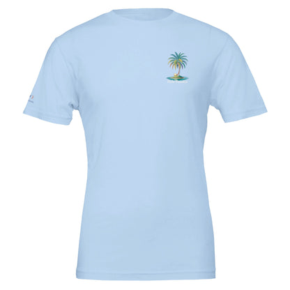 Hellblaues Sommer T-Shirt mit Palmen-Stranddesign, unisex, weich und umweltfreundlich aus 100% Baumwolle.