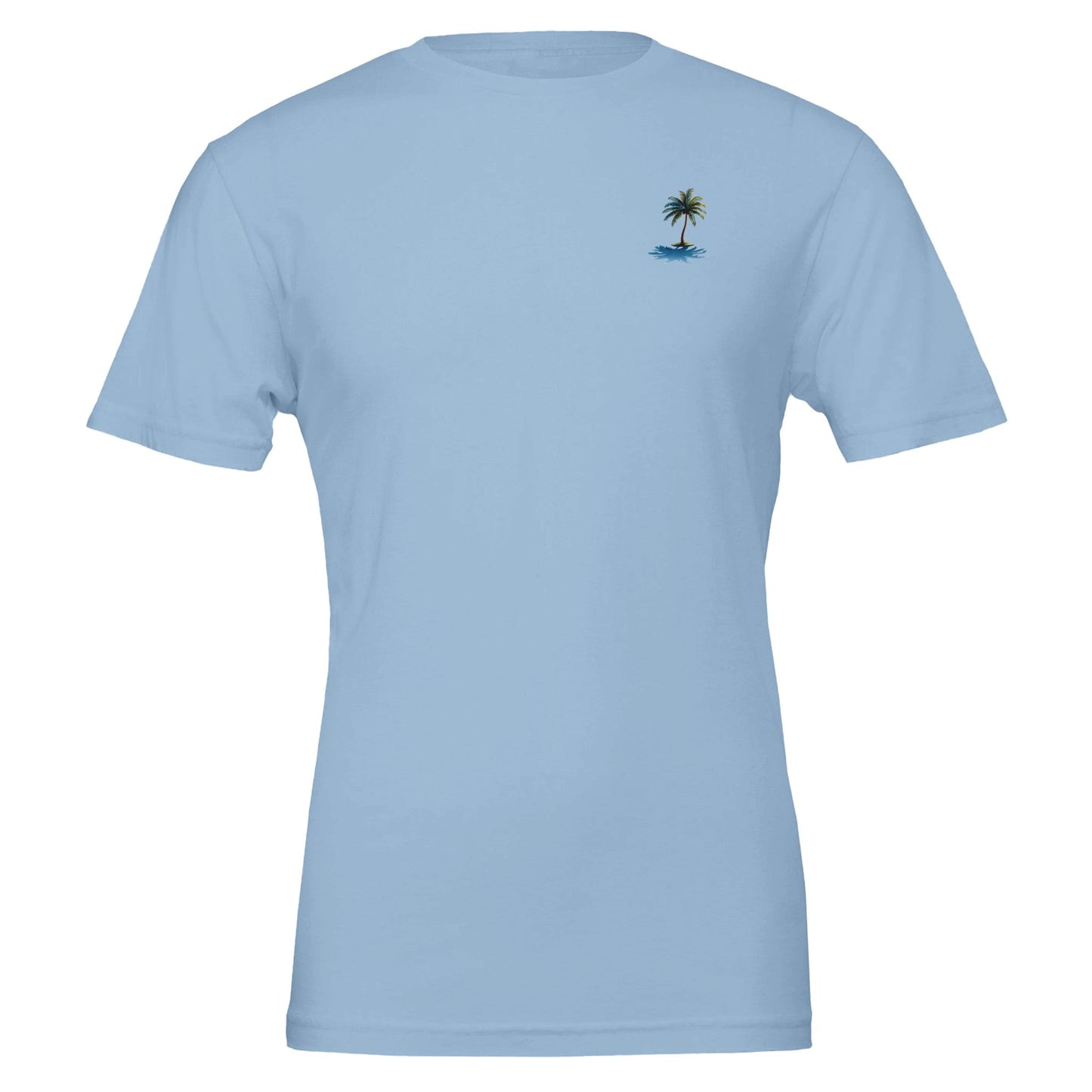 leichtes hellblaues sommer t-shirt mit kleinem palmen-print, weich und unisex für strand- und beachpartys.