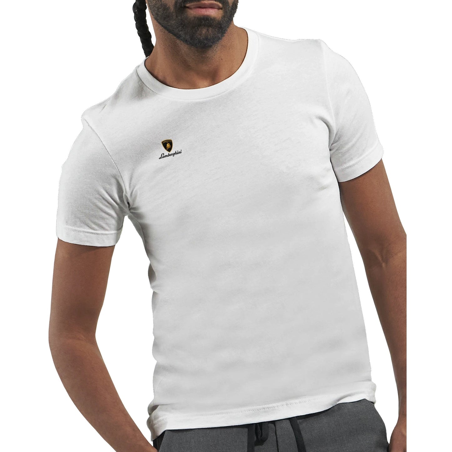 weißes lamborghini design t-shirt für herren und damen mit hochwertigem stoff und logo auf der brust