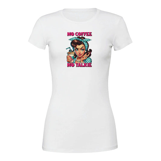 Weißes Premium Damen Crewneck T-Shirt mit lustigem Vintage Kaffee-Motiv und Aufschrift "No Coffee No Talkie"