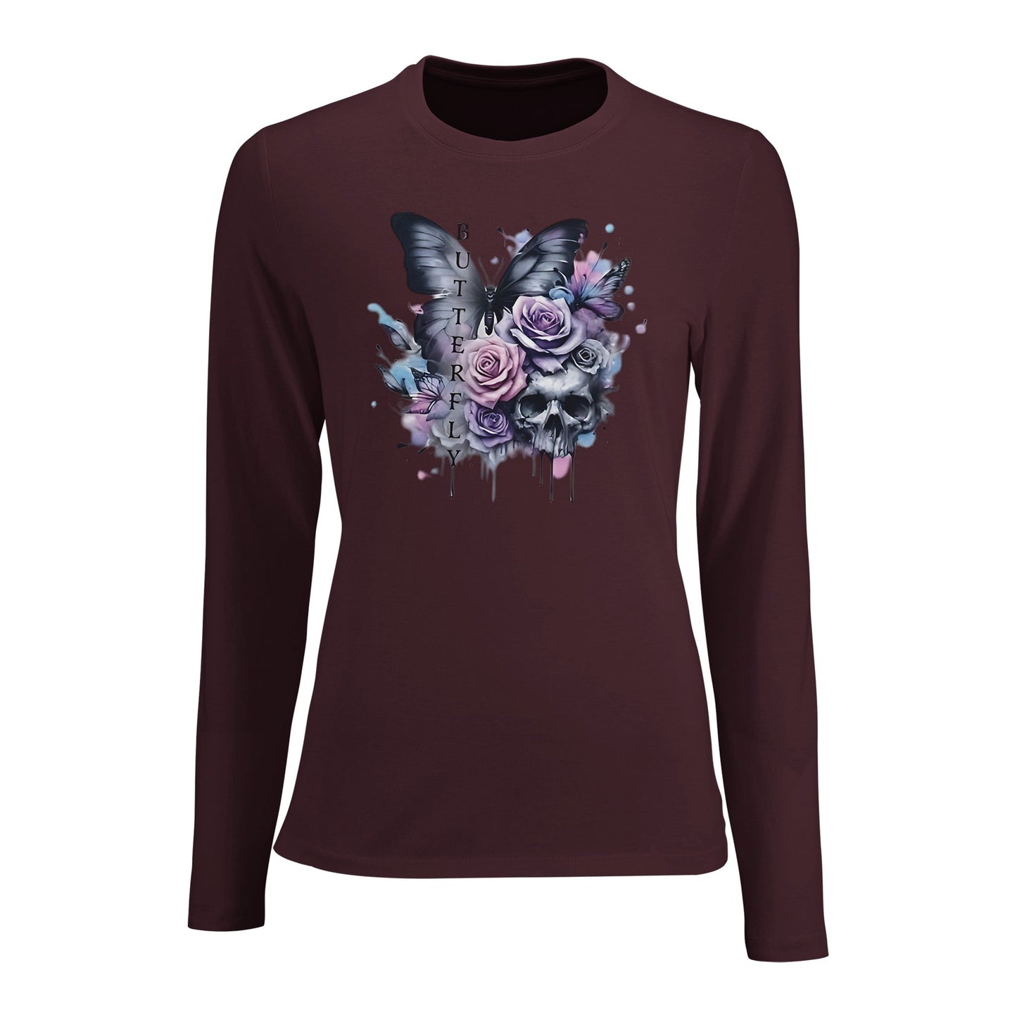 damen langarm slim fit t-shirt mit schmetterlingsmotiv und skull-design in dunkelrot