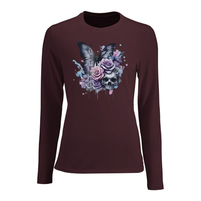 Damen Langarm Slim Fit T-Shirt mit Schmetterlingsmotiv und Skull-Design in dunkelrot