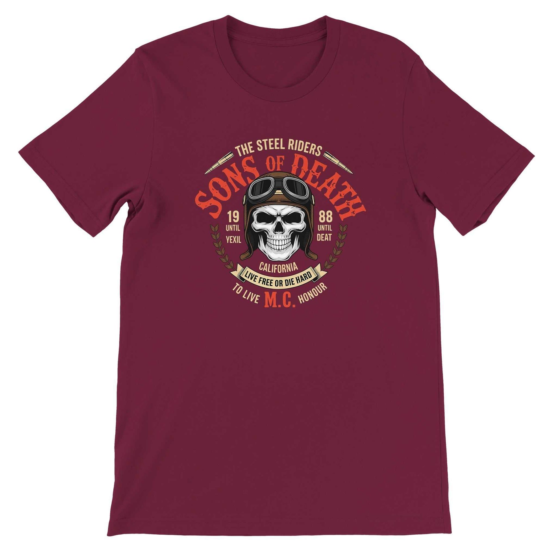 Burgundy Biker T-Shirt with skull and "Sons of Death" graphic, 100% cotton, unisex fit, DTG print ready