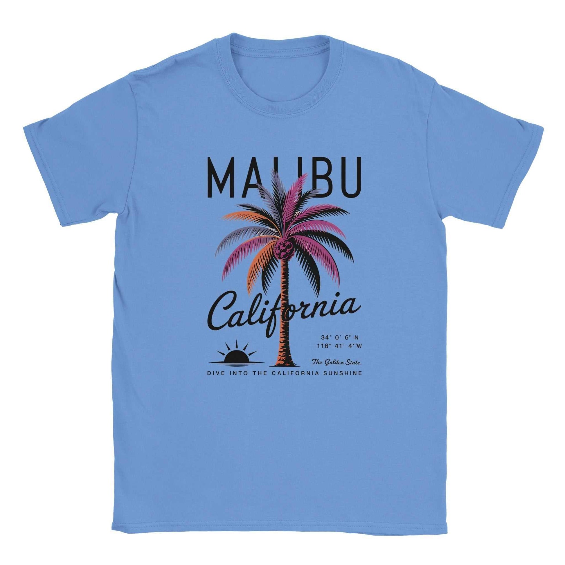 Light blue California Sunshine Sommer T-Shirt with colorful Malibu palm tree graphic and casual fit
