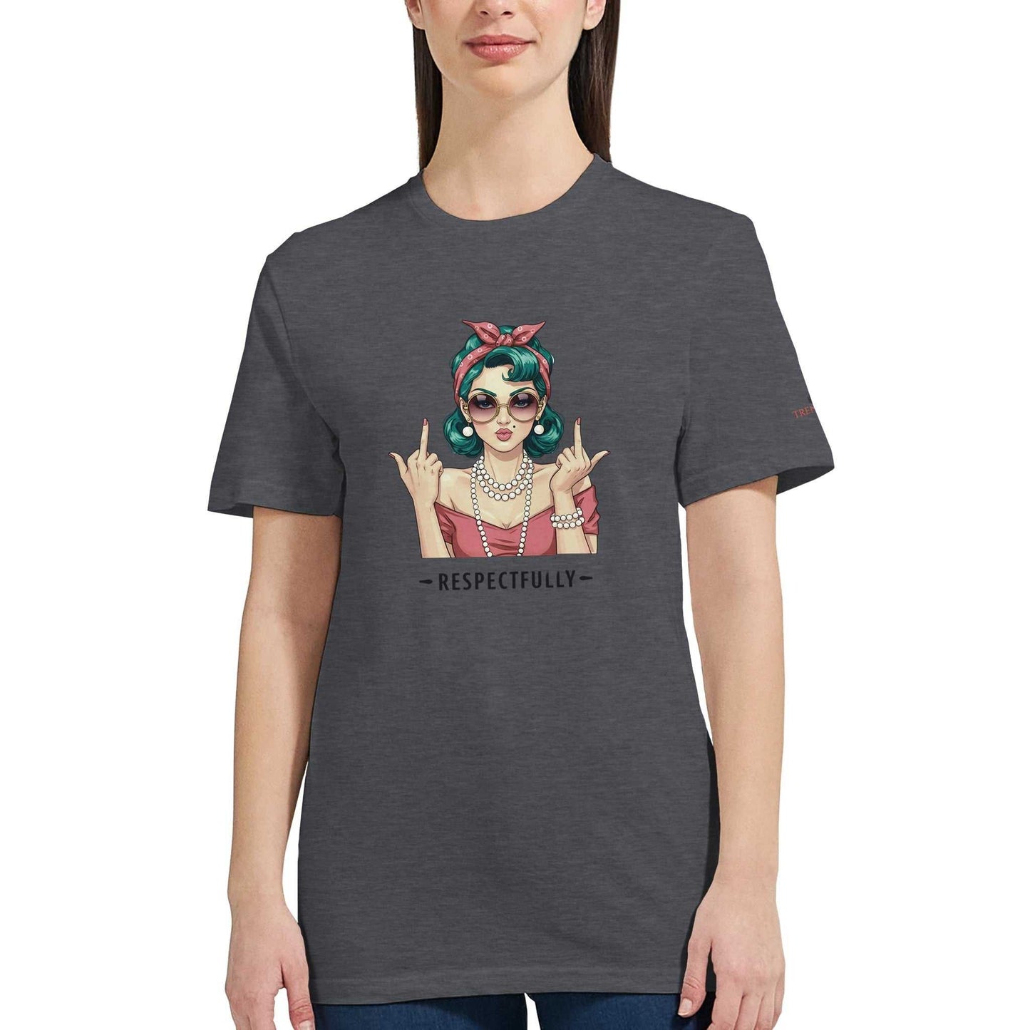 klassisches t-shirt mit retro-mädchen-design und respectfully-aufdruck, 100% baumwolle, halbtailliert, anthrazitfarben