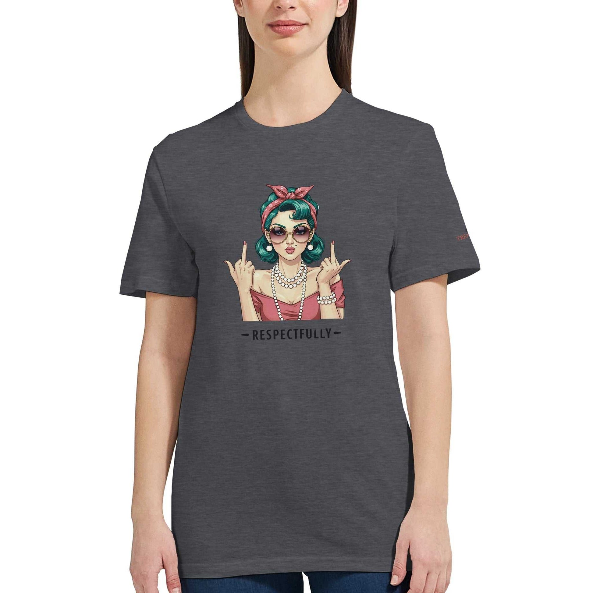 Klassisches T-Shirt mit Retro-Mädchen-Design und Respectfully-Aufdruck, 100% Baumwolle, halbtailliert, anthrazitfarben