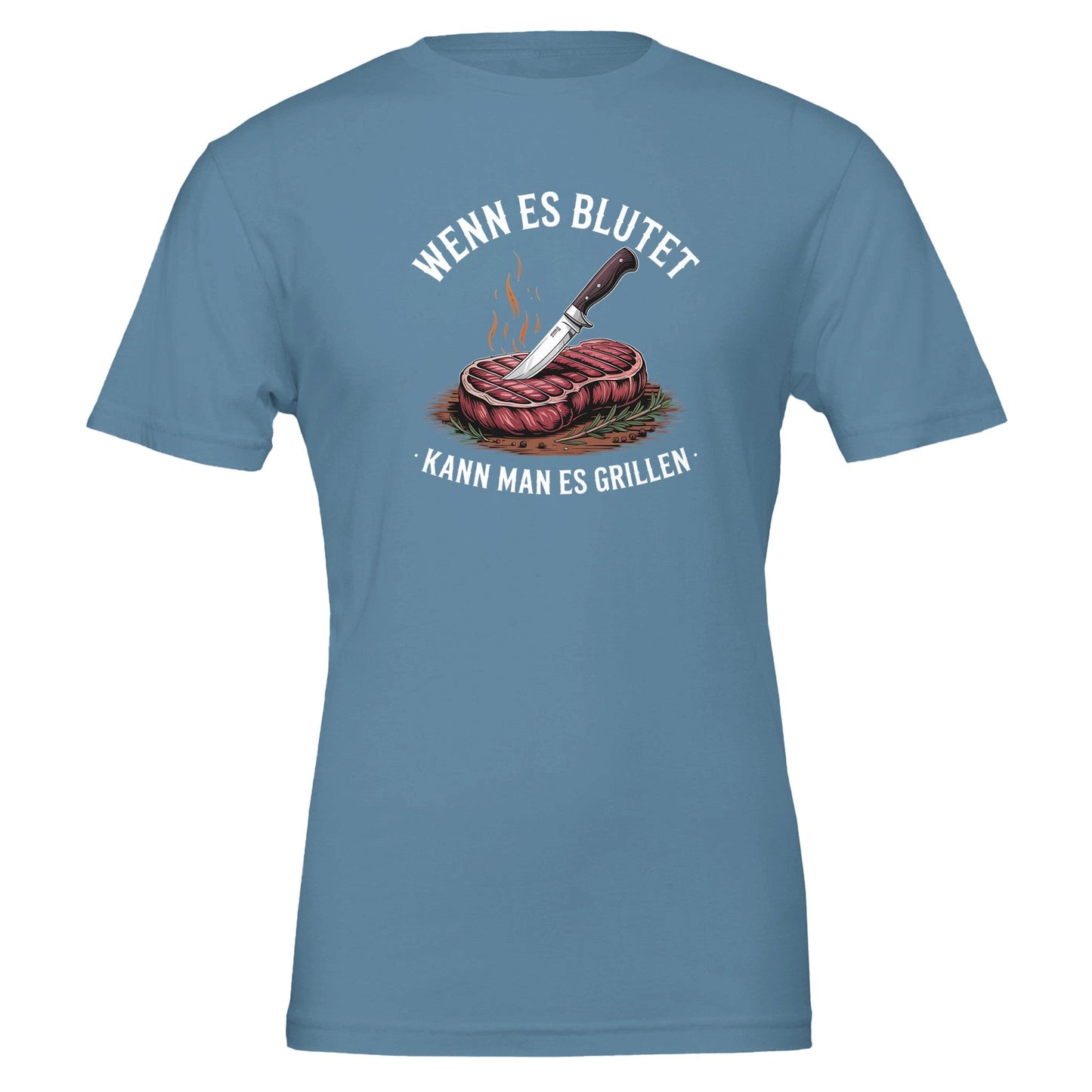 grill t-shirt blau mit steak und messer motiv und spruch "wenn es blutet kann man es grillen" unisex, weich und robust, ideal für gartenpartys