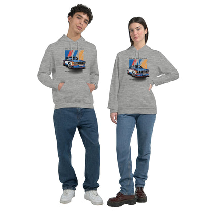 Unisex gray hoodie with vintage car graphic and sporty stripes, made from soft cotton polyester blend, featuring front pouch pocket and adjustable hood.