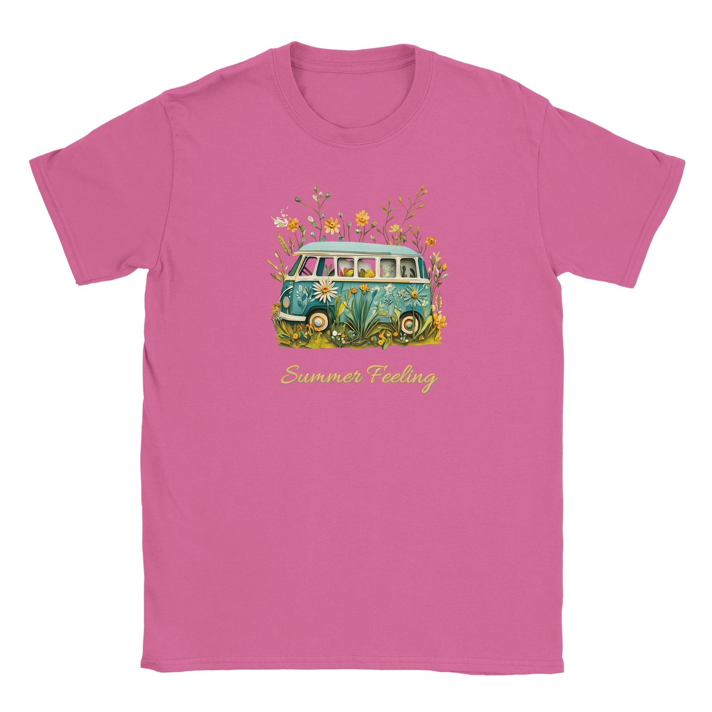 sommer t-shirt in pink mit bully camper und blumenmotiv, weich und bequem für strand und freizeit