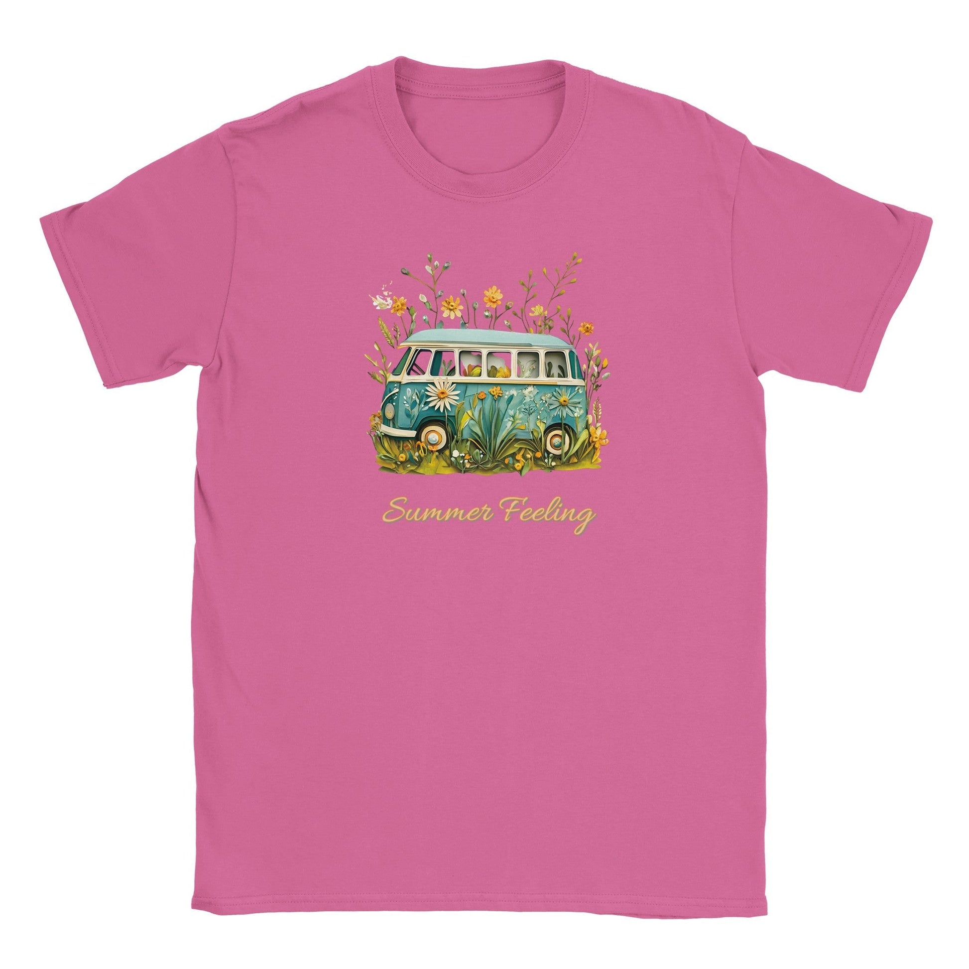 Pink Sommer T-Shirt mit Bully Camper und Blumenmotiv, weicher Stoff, strandtauglich