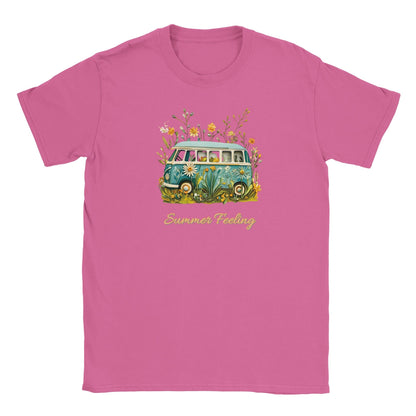 Pink Sommer T-Shirt mit Bully Camper und Blumenmotiv, weicher Stoff, strandtauglich