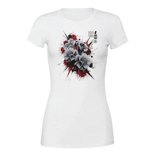 Premium Damen-T-Shirt mit floralem Art-Design in Schwarz und Rot, slim fit aus 100% Baumwolle.
