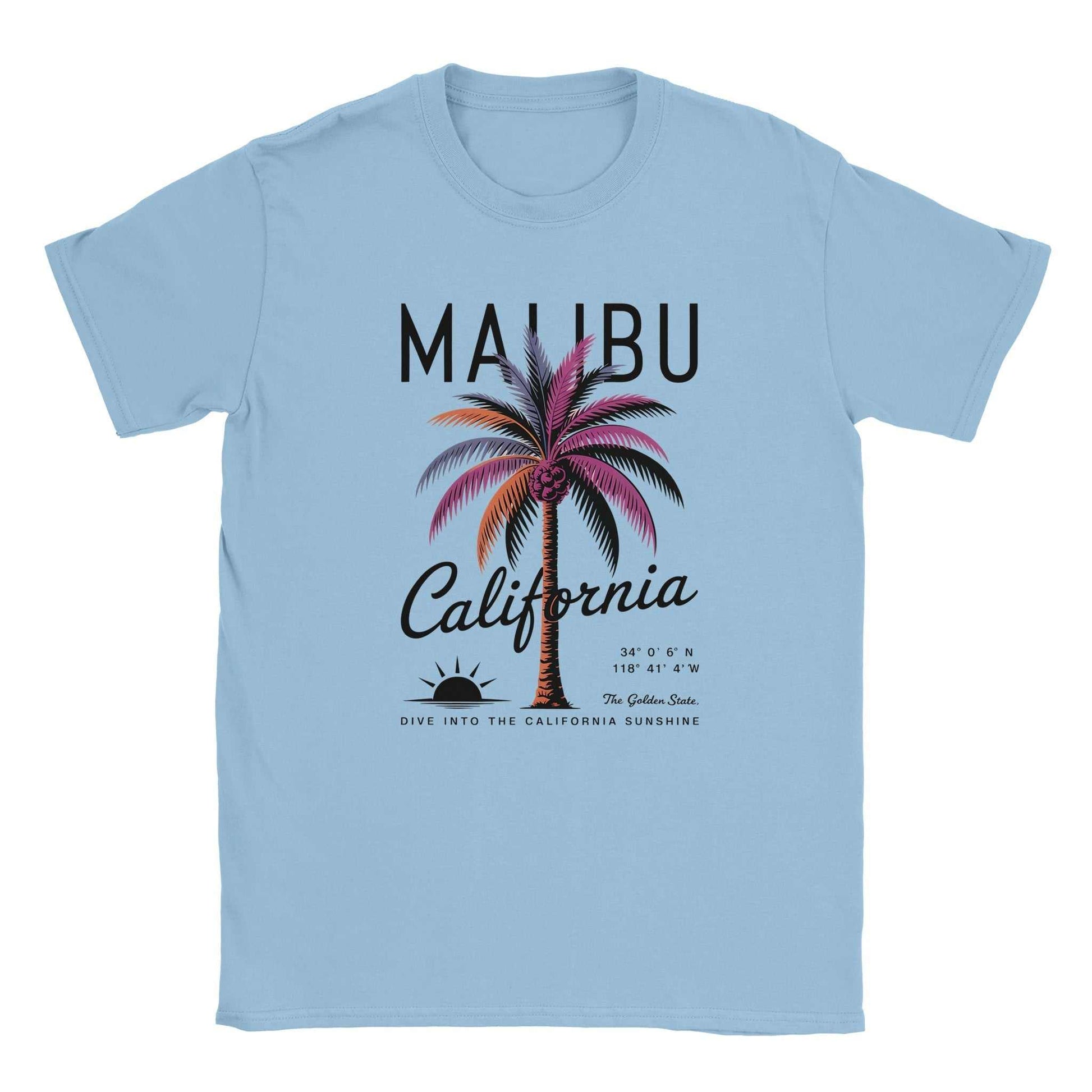 California Sunshine Sommer T-Shirt light blue with Malibu palm tree design and California text, soft seamless summer tee