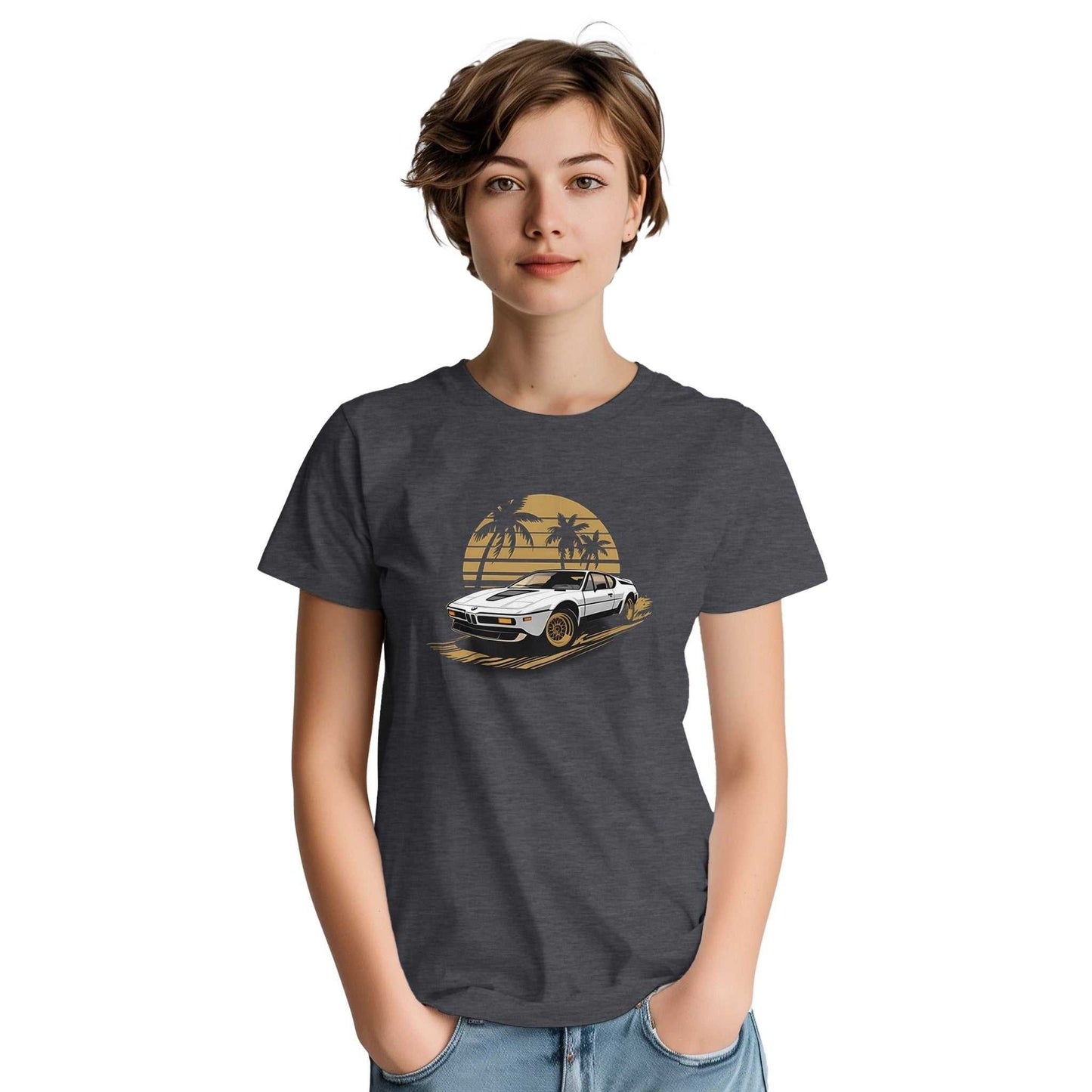 young person wearing premium unisex summer car t-shirt with vintage car and palm tree graphic on charcoal fabric