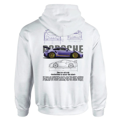 Weißer Berry Porsche Design Hoodie mit 911 GT3 RS Auto-Print und Kapuze aus Baumwoll-Polyester-Mischgewebe