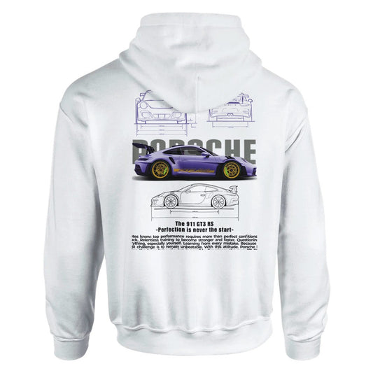 Weißer Berry Porsche Design Hoodie mit 911 GT3 RS Auto-Print und Kapuze aus Baumwoll-Polyester-Mischgewebe