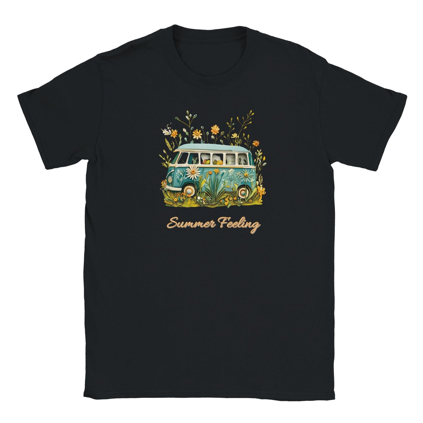 schwarzes sommer t-shirt mit bully camper und blumenmotiv, weicher stoff, bequem und stylisch für strand und freizeit