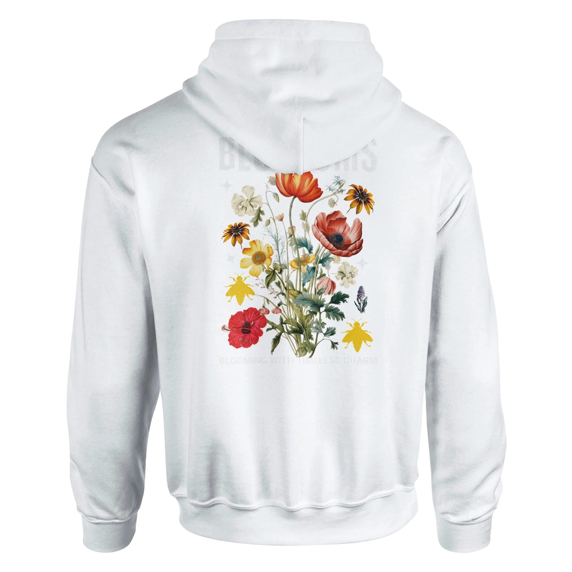 Blossom Streatware Unisex Pullover Hoodie mit Blumenmotiv, weiß, weiche Baumwoll-Polyester-Mischung, Kapuze und Kängurutasche.