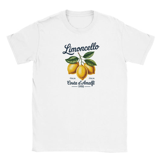 Weißes Limoncello Italien T-Shirt mit Zitronenmotiv und Capri Coast d'Amalfi Schriftzug, weiches Sommer-Shirt