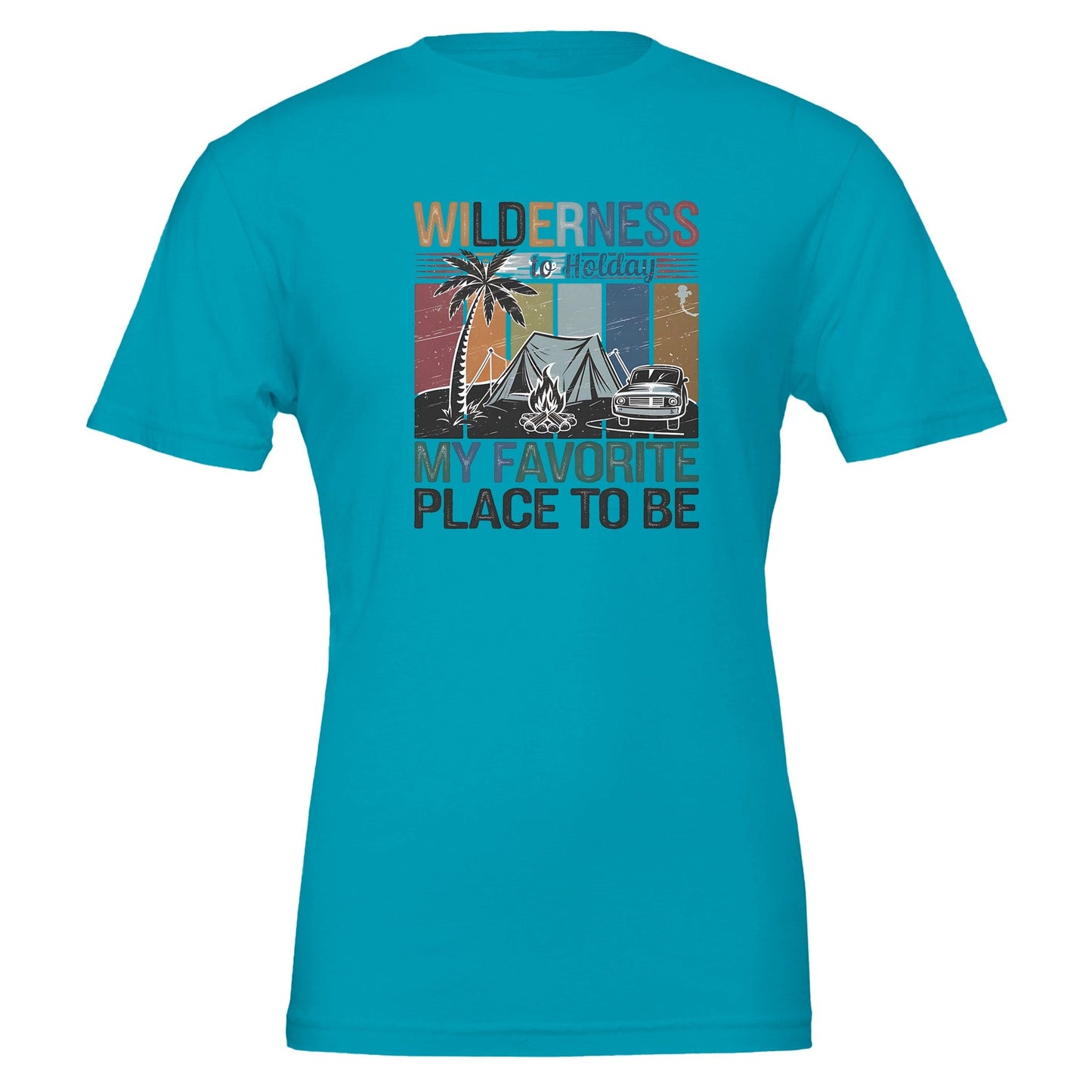 premium wilderness t-shirt in türkis mit camping-design, weiches, unisex t-shirt aus nachhaltiger baumwolle, ideal für bequemen freizeitstil.