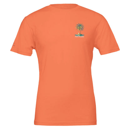 Sommer T-Shirt in Orange mit Palmen-Stranddesign, unisex, aus weicher, nachhaltiger Baumwolle