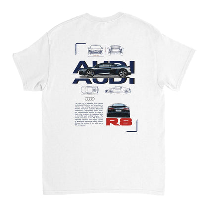 White Audi Liebhaber T-Shirt with Audi R8 car design and technical sketches on the back, made from 100% cotton, unisex style