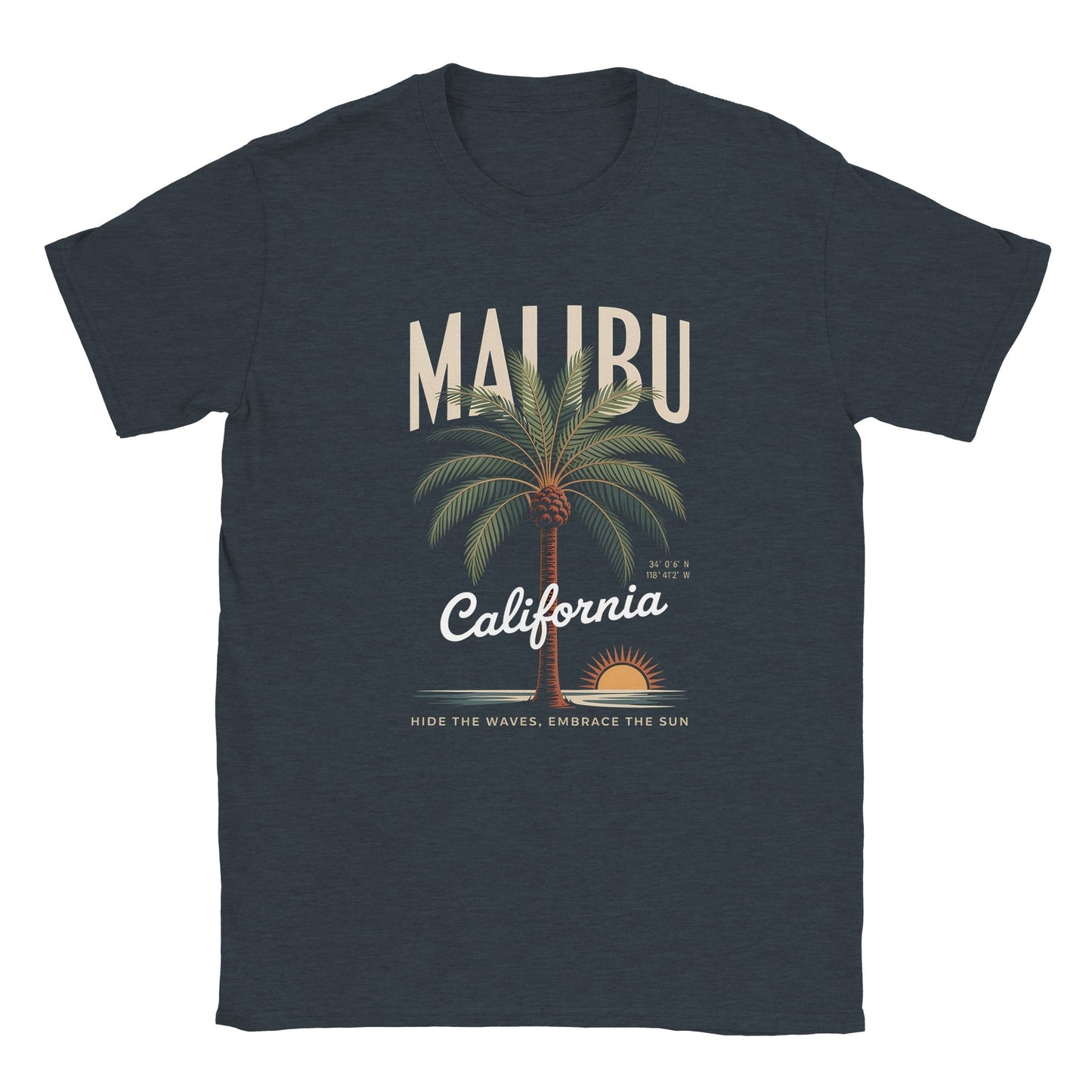 california sunshine sommer t-shirt mit malibu-palmen-print, dunkelblau, weich und nahtlos